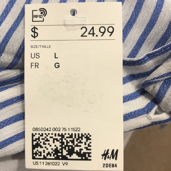 H&M WOMENS TIE HEM BLOUSE SIZE LARGE WHITE/BLUE - Picture 5 of 6